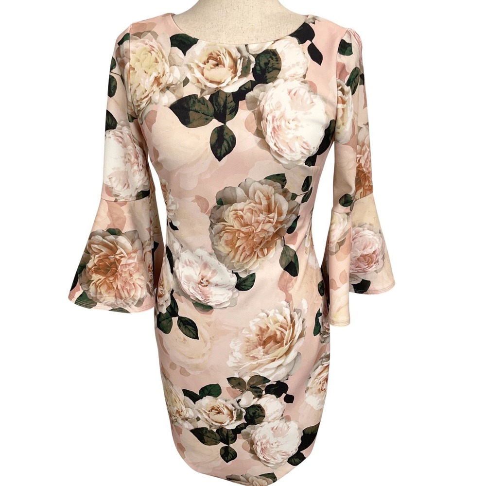 Calvin‎ Klein Dress Womens 2 Pink Rose Floral Bell Sheath Bodycon Ponte Spring